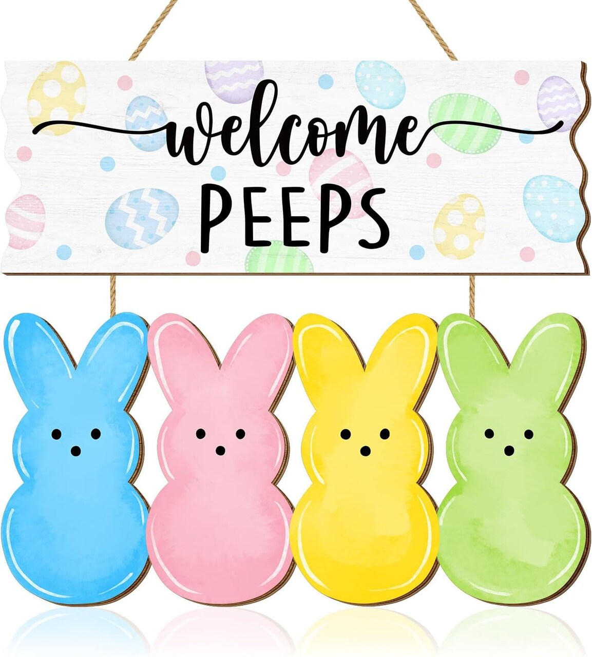 Easter Door Sign Bunny Decor, Welcome Peeps Wall Sign Decorations, Easter Eggs Wooden Door Hangers Wreath for Indoor Outdoor Spring Easter Decorations Home Party Supplies
